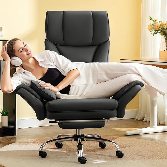 FelixKing Big and Tall Office Chair, 400LBS Wide Leather Executive Chair, Reversible Armrest for Pets Criss Cross Legged, 135° Reclining High Back Gaming Desk Chair with Lumbar Support Footrest, Black