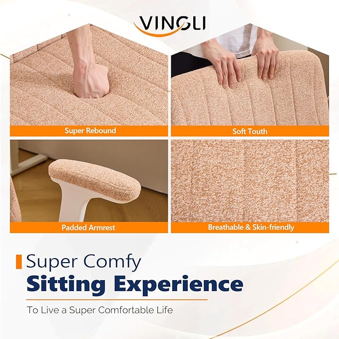 VINGLI Criss Cross Chair with Adjustable Flip-Up Arms,Cross Legged Chair with Wheels, Extra Wide Office Chair,Cozy Desk Chair for Home Office, Vanity, Apartment,Chenille Velvet,Orange