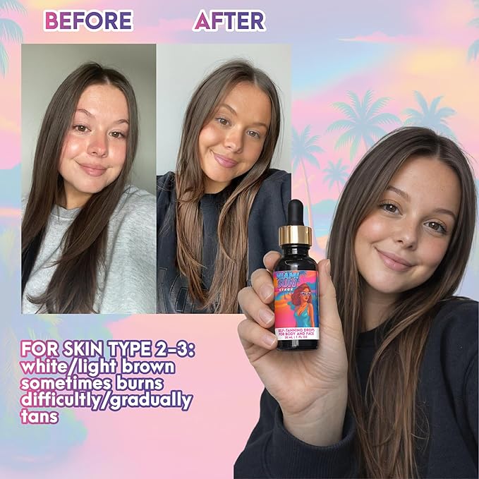 Miami Sun Stage Self Tanning Drops Face & Body - Medium to Dark Tan - For Skin Type 2-3 - Hydrating Sunless Concentrate with Aloe & Fruit Extracts - Vegan Cruelty Free Liquid Bronzer - 1 fl oz