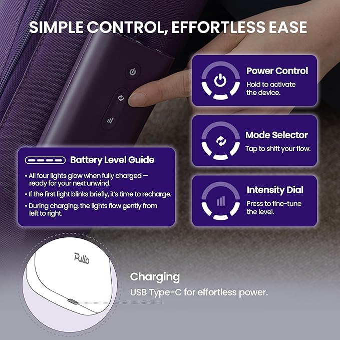PULIO Leg Care Device V2 with New Controller Purple - 3 Modes, 3 Intensities - USB-C Rechargeable Cordless