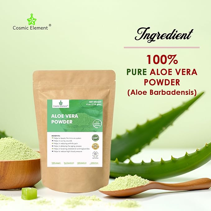 Cosmic Element Organic Aloe Vera Powder - 100% Pure Leaf Gel | Hydrating After Sun Care, Moisturizing for Face, Body & Skin | Ideal for Sun Burn, Acne, and Dry Skin - Aloe Vera Powder for Hair - 4 oz