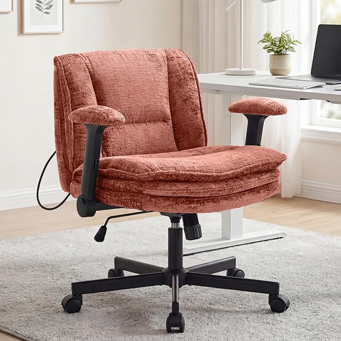 Criss Cross Chair with Wheels and Flip Arms, Upholstered Cross Legged Office Chair with 3 Layer Cushions&Dynamic Airbag Lumbar Support, Wide Seat Comfy Desk Chair for Home Office, Living Room, Orange