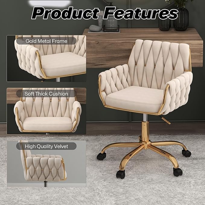 Woven 360°Swivel Desk Chair, Velvet Height Adjustable Home Office Armchair with Golden Base for Teens Women Girls, Upholstery Computer Chair for Home Studios and Office, Woven & Beige