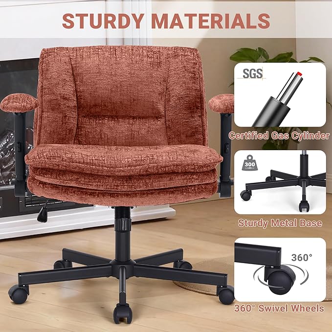 Criss Cross Chair with Wheels and Flip Arms, Upholstered Cross Legged Office Chair with 3 Layer Cushions&Dynamic Airbag Lumbar Support, Wide Seat Comfy Desk Chair for Home Office, Living Room, Orange