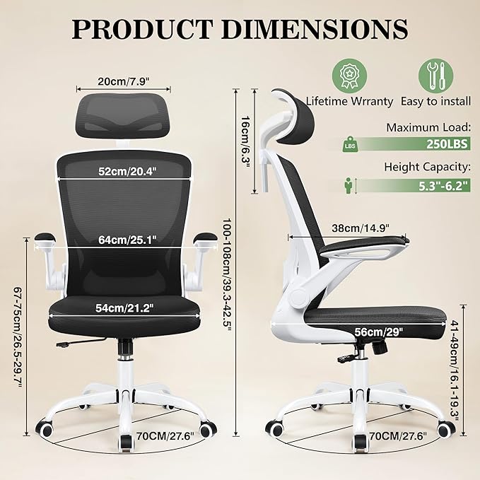 Office Chair Ergonomic Desk Chair, Breathable Mesh Office Chairs with Adjustable Lumbar Support, Flip-Up Arms, Computer Desk Chair Comfy for Home Office, White