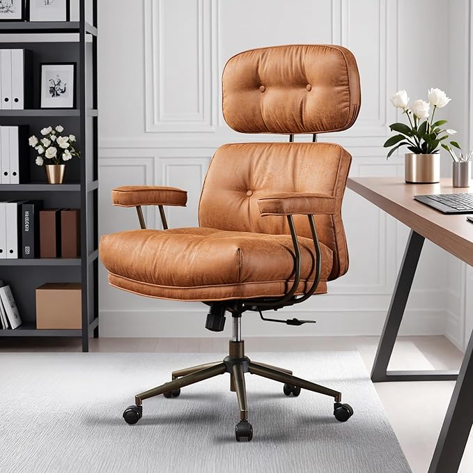 HOOOWOOO Mid-Century Modern Ergonomic Office Chair, Extra Wide Comfy Executive Chair with Lumbar Support, Suede Leather Light Brown