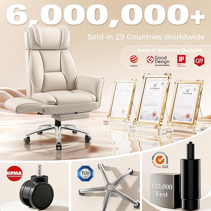 Big and Tall Office Chair, Flip Armrests for Pets & Cross Legged Sitting, Ergonomic Leather Executive Desk Chair with Foot Rest, High-Back Reclining Computer Chairs for Office Home Game - Beige