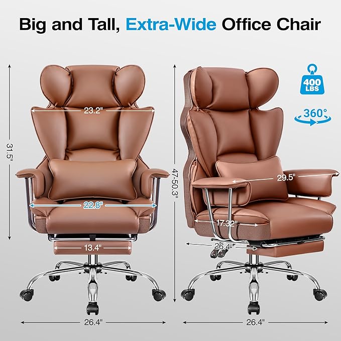 Office Chair Comfy, Big and Tall Executive Leather Chair, High Back Ergonomic Wide Chair with Footrest, Reclining Computer Desk Chair, Heavy Duty Gaming Chair with Padded Arm and Pillow, Brown