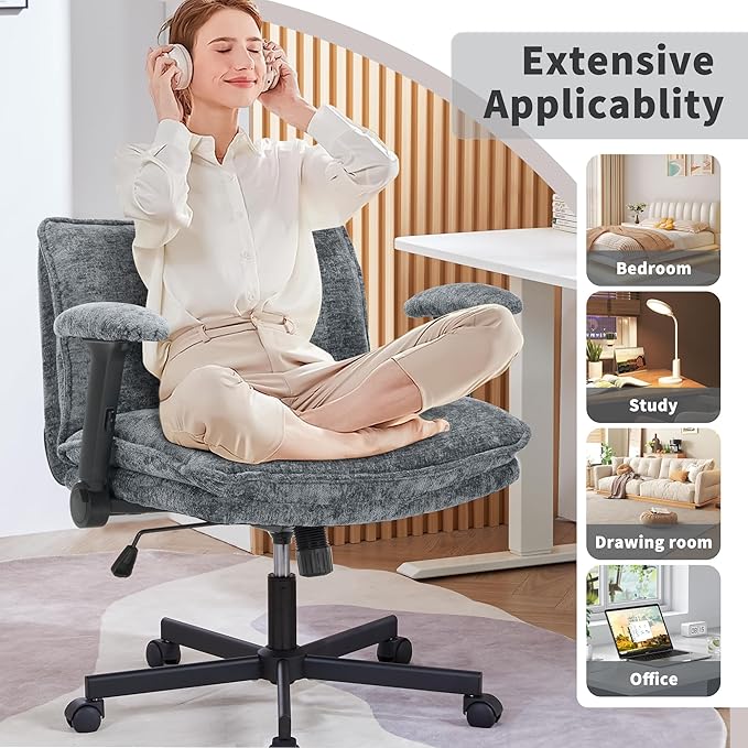 Cross Legged Office Chair, Height Adjustable Swivel Desk Chair with Flip-Up Arms, Padded Criss Cross Chair for Home Office & Bedroom