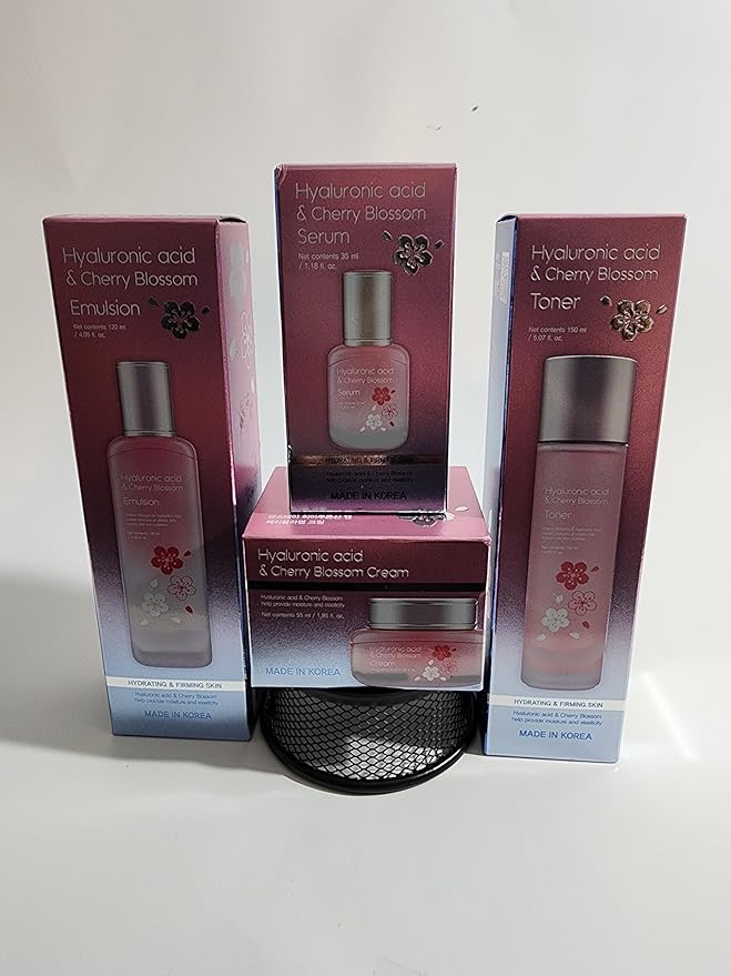 Korean Hyaluronic Acid and Cherry Blossom Skincare Set, 4-Piece Facial Care Kit with Emulsion 4.05 Fl Oz, Toner 5.07 Fl Oz, Serum 1.18 Fl Oz & Cream 1.85 Fl Oz