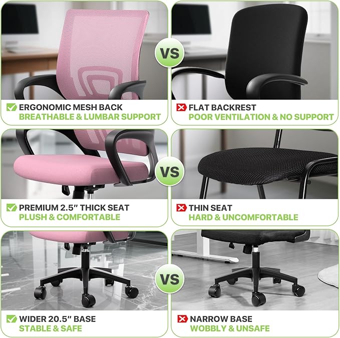 Magshion Ergonomic Office Chair 10 Pack, Mid-Back Mesh Desk Chair, Adjustable Swivel Computer Chair with Lumbar Support & Breathable Backrest for Gaming, Work, Study, 300 Lbs Capacity, Pink