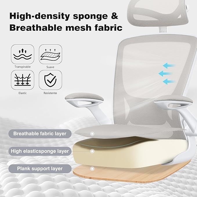 Office Desk Chair, Ergonomic Mesh Office Chair with Adjustable Lumbar Support, Headrest, Flip-up Armrests, Comfortable Computer Chairs for Home, Work, Gaming, (Light Gray, 4 Pack)