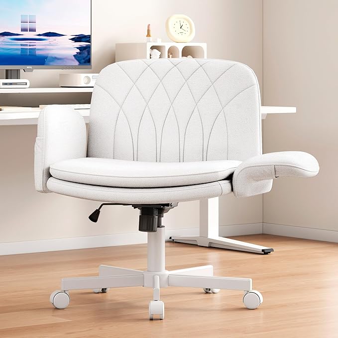 Misolant Fabric Criss Cross Chair with Armrests & Wheels for Cross-Legged Sitting, Comfortable PU Leather Vanity Chair, Office Desk Chairs with Adjustable Rocking Function, for Home, Bedroom White