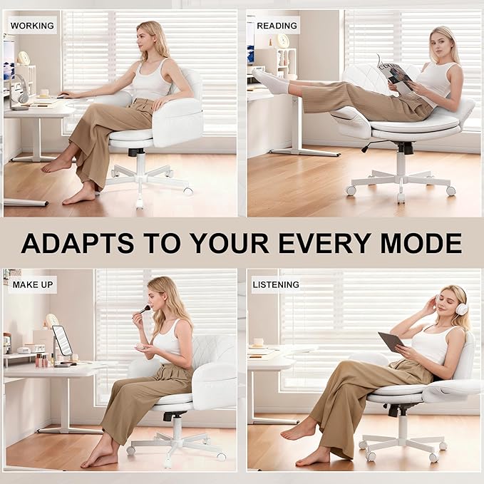 Misolant Fabric Criss Cross Chair with Armrests & Wheels for Cross-Legged Sitting, Comfortable PU Leather Vanity Chair, Office Desk Chairs with Adjustable Rocking Function, for Home, Bedroom White