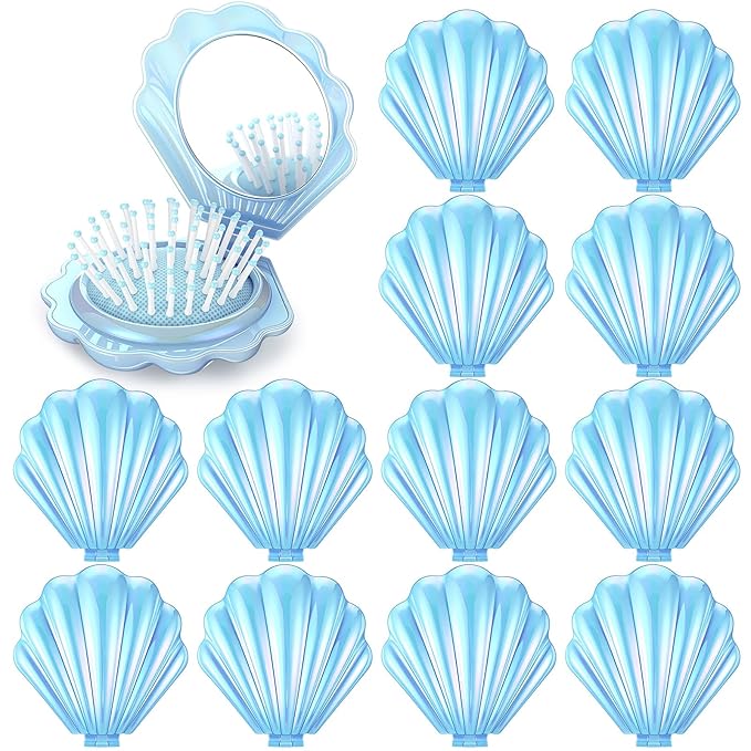 Meanplan 12 Pcs Mermaid Party Favors Shell Hair Brush with Mirror Foldable Mini Travel Pocket Hair Brush Compact Makeup Comb for Women Girls Valentines Day Birthday Gifts(Blue)
