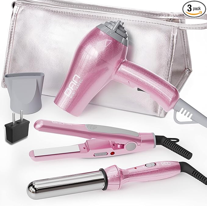 DAN Technology Hair Styling Set, Including Travel Hair Dryer, Mini Flat Iron, and Travel Curling Iron with European Plug, Dual Voltage, Portable Storage Bag, Pink