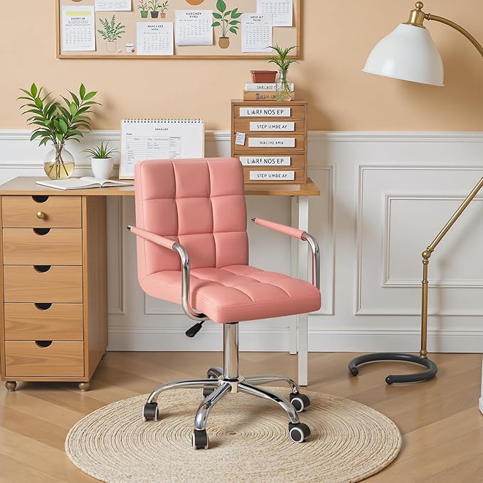 Furmax Vanity Office Chair with Wheels,Makeup PU Leather Executive Chair Modern Adjustable Home Desk Retro Comfortable Work Chair 360 Degree Swivel with Arms (Pink)