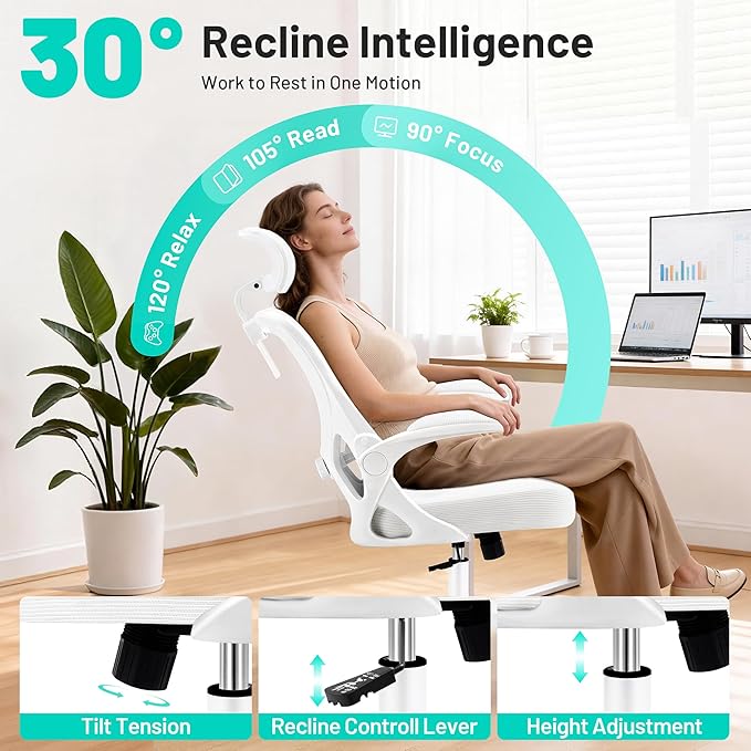 AreShark Office Chair - Ergonomic Desk Chair Breathable Mesh Chair with 2D Headrest & Adjustable Lumbar Support - Executive High Back Rolling Swivel Computer Gaming Chair with Wheels Flip-up Armrests