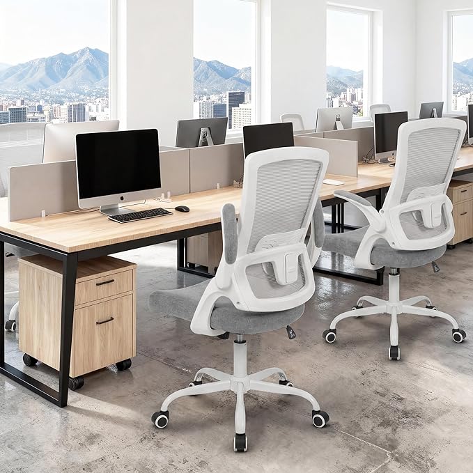 NEO Chair Office Chair High Back Desk Mesh Chair Comfy Computer Gaming Seat with Adjustable Ergonomic Lumbar Rolling Flip-up Armrests and Wheels (Grey)