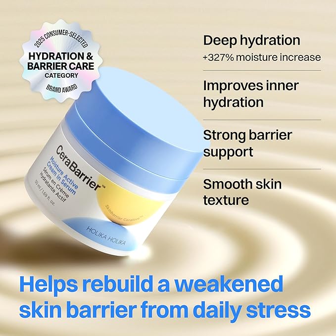 HOLIKA HOLIKA Cerabarrier Moisture Active Cream In Serum - Face Hydrating Barrier Repair - 5 Ceramide Complex Phytosterols Peptide - Hypoallergenic Korean Skincare for Dry Sensitive Skin, 1.69oz