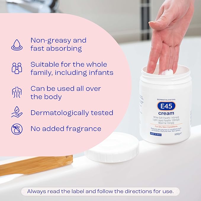 E45 Moisturiser, Body, Face And Hand Cream For Dry, Flaky Skin, Suitable For Eczema, Dry Psoriasis, Sunburn, 500g Tub