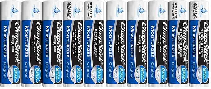 ChapStick Moisturizer 2-in-1 Lipcare 10-Pack (SPF 12 & 15) – Original Lip Balm with Broad Spectrum SPF, Aloe & Vitamin E, 0.15 Oz Ea