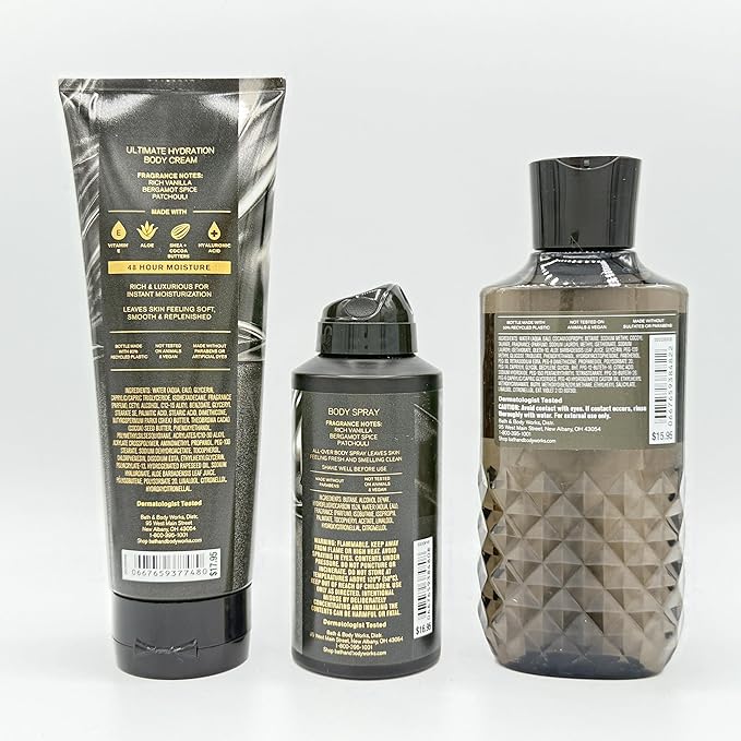 Vanilla Noir 3-Piece Men's Bath & Body Bundle | Ultimate Hydration Body Cream, Body Spray and Body Wash