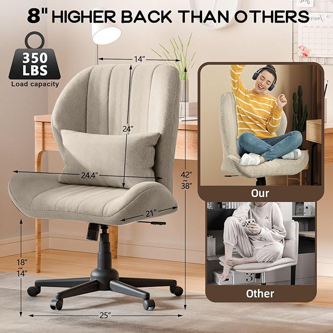 Criss Cross Chair with Wheels, Wide Cross Legged Office Chair Armless Comfy Desk Chair with Tall Back Vanity Chairs with Stress Relief Curved Design Seat for Bedroom & Office & Home Oatmeal