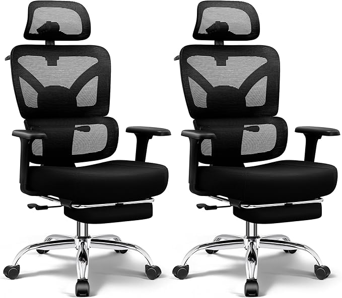 Ergonomic Office Chair with Footrest, Big and Tall Home Desk Chair, High Back Rolling Computer Chair with 3D Arms and Lumbar Support, Comfortable Gaming Chair, Black-2 Pack