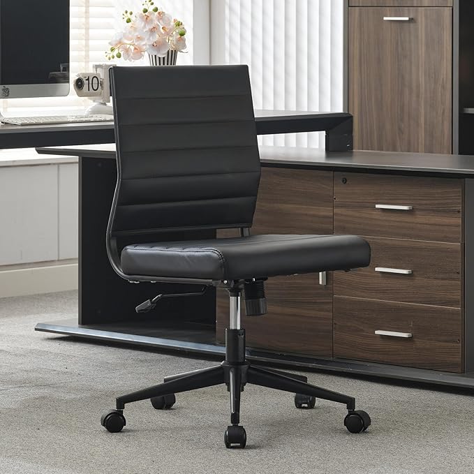 Okeysen Office Desk Chair No Arms, Mid Back Ergonomic Swivel Black Armless Conference Room Chairs, Adjustable Height PU Leather Home Desk Chair, Modern Small Rolling Computer Task Chair