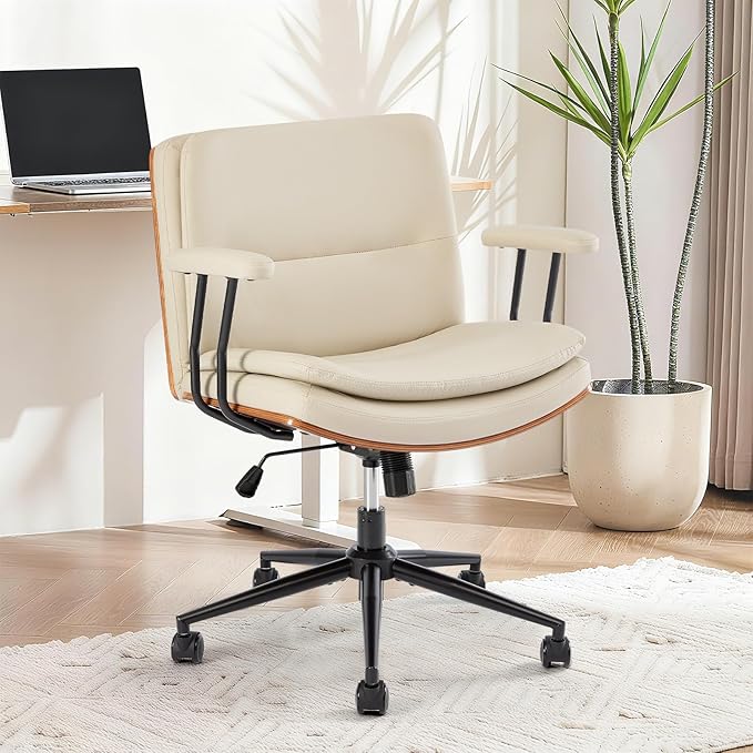 Home Office Desk Chair with Armrests & Wheels, Modern Walnut Swivel Rolling Executive Task Chair, PU Leather Vanity Chair with Lumbar Support, Height Adjustable Ergonomic Computer Chair (Beige)