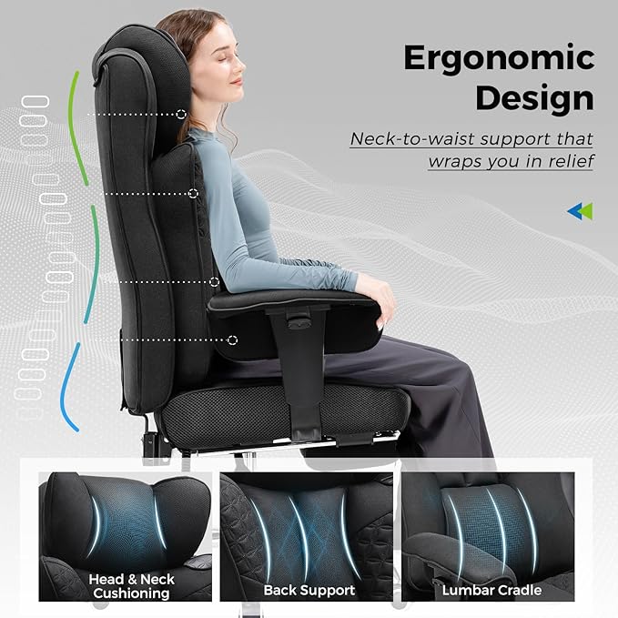 GTPLAYER Big and Tall Office Chair 400LBS Wide Ergonomic Fabric Deluxe Embossing Designed Gaming Chair with Foot Rest,150°Reclining Adjustable Armrests Pocket Spring Back Support and Pillow