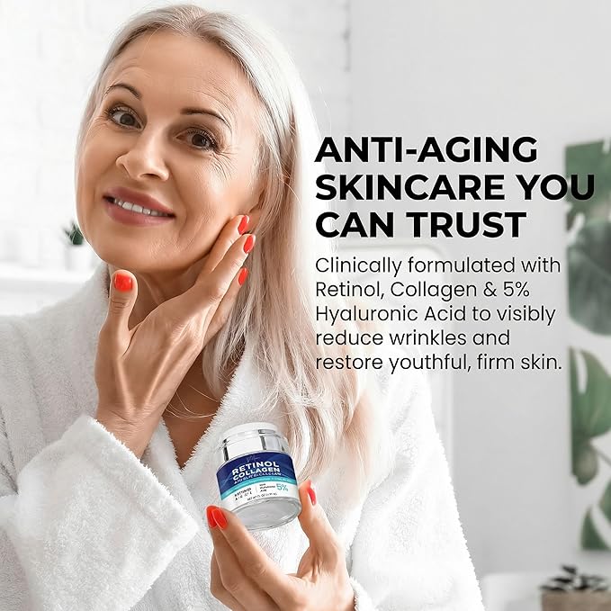 Face Moisturizer for Aging Skin: Wrinkle Cream for Older Women and Men 50 and 60 plus with Retinol, Collagen and Hyaluronic Acid – Facial Moisturizer for Mature Skin, 1.7 fl. Oz (Medium, Unscented)