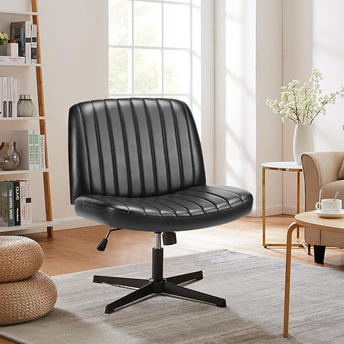 Sweetcrispy Criss Cross Chair Legged, Armless Office Wide Desk Chair No Wheels, PU Leather Swivel Vanity Height Adjustable Fabric Modern Computer Task Seating for Home - Black