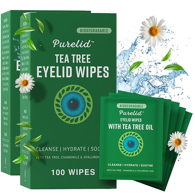 200 PCs Tea Tree Eyelid Wipes – Cleaning Eye Wipes for People with Dry Eyes – Gentle Eyelid Cleanser with Hyaluronic Acid, Chamomile and Aloe – Individually Wrapped & Biodegradable - 2 pack