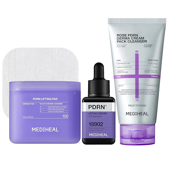 Mediheal PDRN Glass Skin Routine Bundle – Cream Pack Cleanser + Stretchable Toner Pads (100ct) + PDRN Lifting Serum | Pore Care, Firming & Deep Hydration