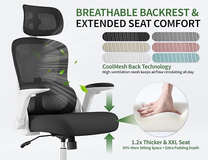 Office Chair - Ergonomic Desk Chair with Adjustable Headrest Lumbar Support Computer Chair - Mesh Comfy Chairs with Flip-up Armrests - Big and Tall Gaming Chairs for Adults Home Office(White Black)