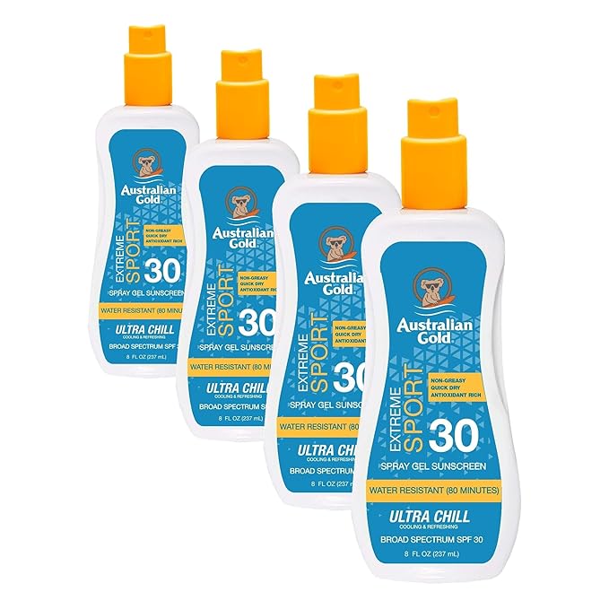 Australian Gold Extreme Sport Spray Gel Sunscreen SPF 30, 8 Ounce | Broad Spectrum | Sweat & Water Resistant | Non-Greasy | Oxybenzone Free | Cruelty Free (Pack of 4)