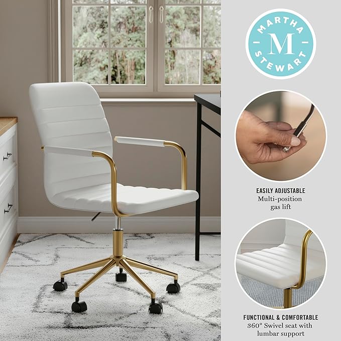 Martha Stewart Taytum Swivel Task Chair with Armrests for Home Office in White Faux Leather with Polished Brass Frame