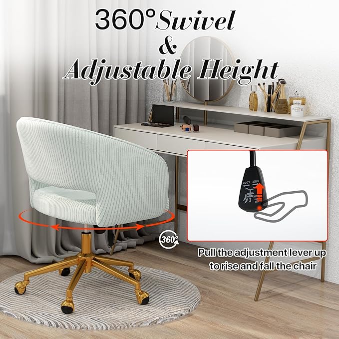 Home Office Swivel Desk Chair, Modern Corduroy Vanity Chair, Height Adjustable Armchair with Gold Base, Ergonomic Office Chair for Task Study Computer Room, Light Blue