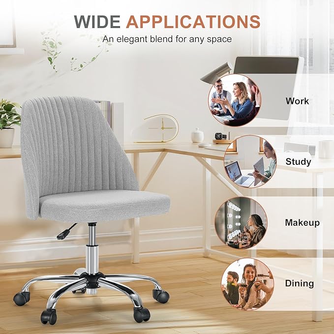 DUMOS Office Chair, Comfy Desk Chair Rolling Vanity Swivel Task Chairs with Wheels, Wide Seating Armless Height Adjustable Computer Chairs for Home,Bedroom,Student,Adults, Dull Gray