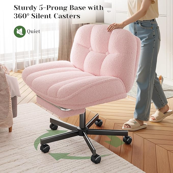 Cross Legged Office Chair with Foot Rest, 6.3" Thick Cushioned Criss Cross Chair with Wheels, Height Adjustable Swivel Vanity Chair for All-Day Comfort (Pink)