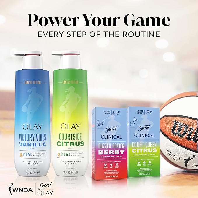 Olay Body Wash for Women, WNBA, Intensely Hydrating, Hyaluronic Acid Serum, Hydration On/Off Court, Improves Moisture Barrier, Vitamin B3 Complex, All Skin Types, Courtside Citrus Scent, 20 fl oz