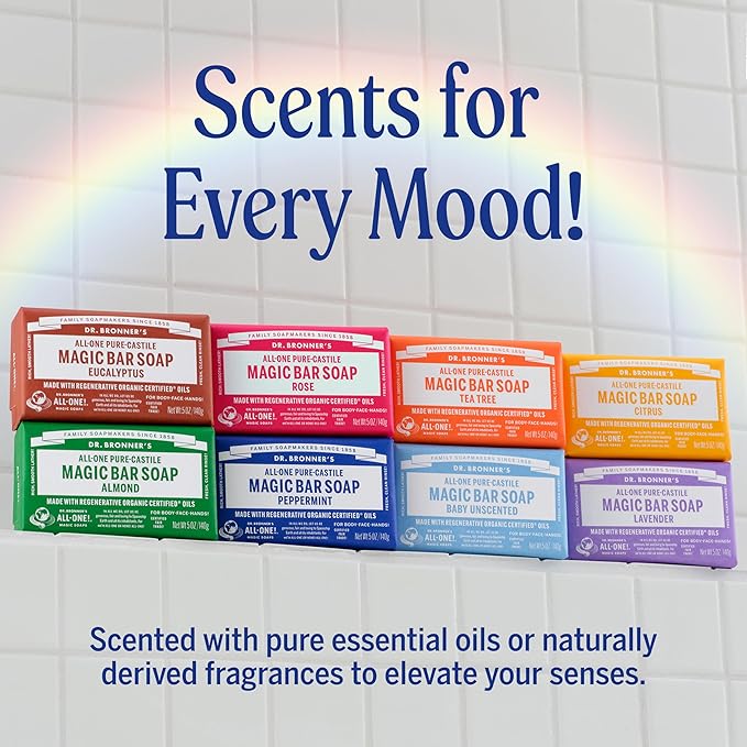 Dr. Bronner's Pure-Castile Magic Bar Soap (Lavender, 5 Ounce, 12-Pack) - Made with Regenerative Organic Certified Oils, For Face, Body & Hair, Gentle & Moisturizing, Biodegradable, Vegan, Cruelty-free