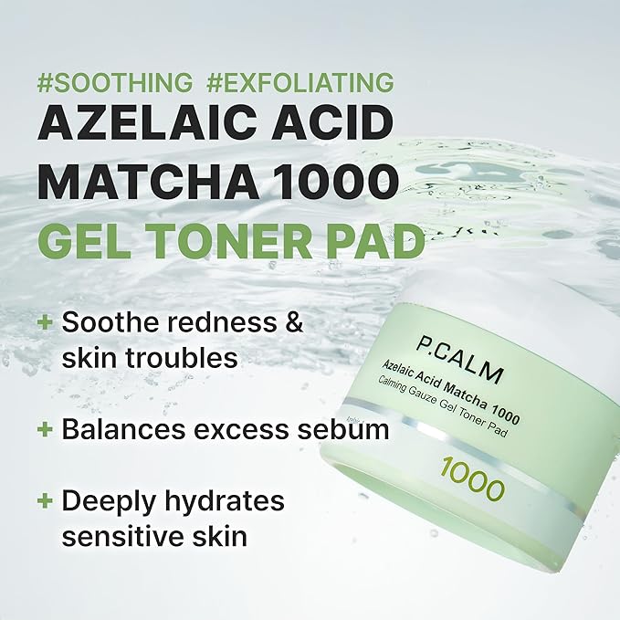 P.CALM Azelaic Acid Matcha 1000 Calming Gauze Gel Toner Pad – Azelaic Acid & Matcha for Gentle Exfoliation and Skin Soothing, Sensitive Skin Care, Korean Skincare (110g / 3.71 fl.oz., 60 Pads)