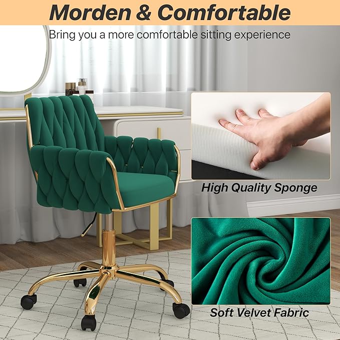 Velvet Home Office Chair, Modern Height Adjustable Cute Vanity Chair, 360° Swivel Makeup Chair Desk Chair with Golden Base and Hand Woven Backrest for Bedroom/Study/Vanity(Green)