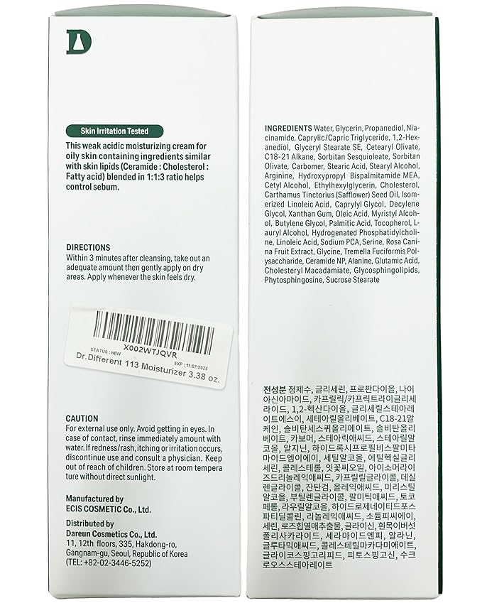 Dr.Different 113 Moisturizer - Sebum Control Face Moisturizer for Oily Skin, Pore Reducing and Trouble Care, Hypoallergenic Moisturizing and Soothing Facial Cream, 3.38 oz.