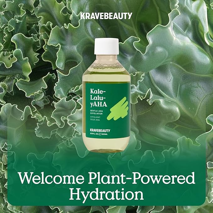 KraveBeauty Kale-Lalu-yAHA Exfoliating Toner, Smooths Texture, Evens Skin Tone, and Unclogs Pores, Gentle AHA Liquid Exfoliant with Glycolic Acid & Kale Extract, Fragrance Free, 200 mL