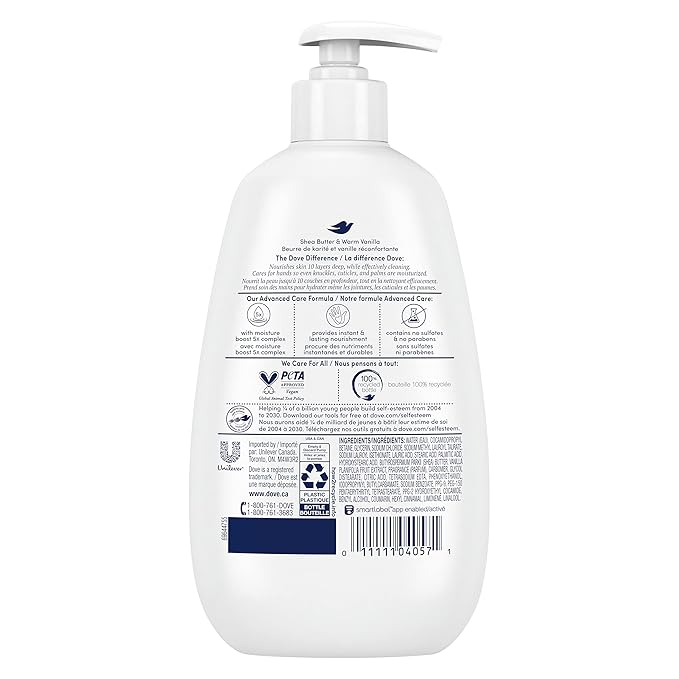 Dove Advanced Care Hand Wash Shea Butter & Warm Vanilla for Soft,Smooth Skin,More Moisturizers than the Leading Ordinary Hand Soap,12 oz,(Pack of 8)
