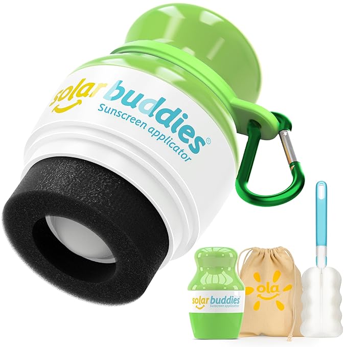 Solar Buddies Grab & Go Travel Bundle, Carabina Clip & Cleaning Brush - Single Full Green - Refillable Roll on Sponge Sunscreen, Suncream & Lotion Applicator For Kids, Adults & Families - Holds 100ml